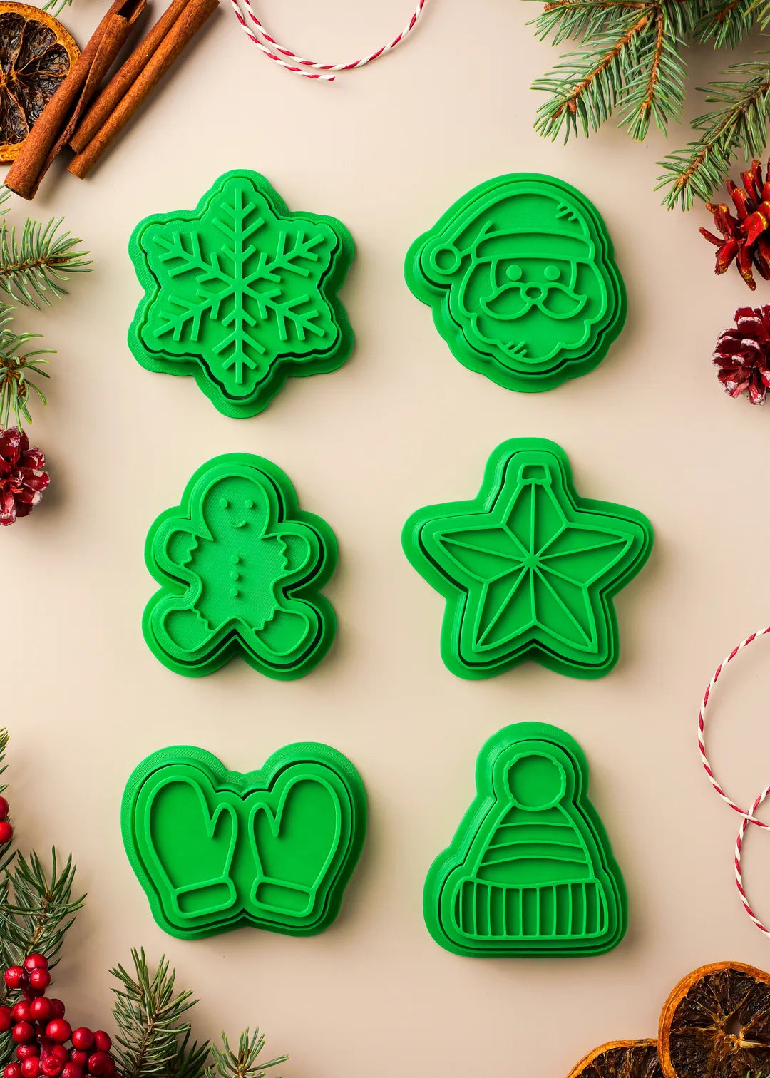 Christmas cookie cutters set, includes 6 stamps and 6 cutters with snowflake, Santa, gingerbread man, Christmas star, mittens and hat designs;