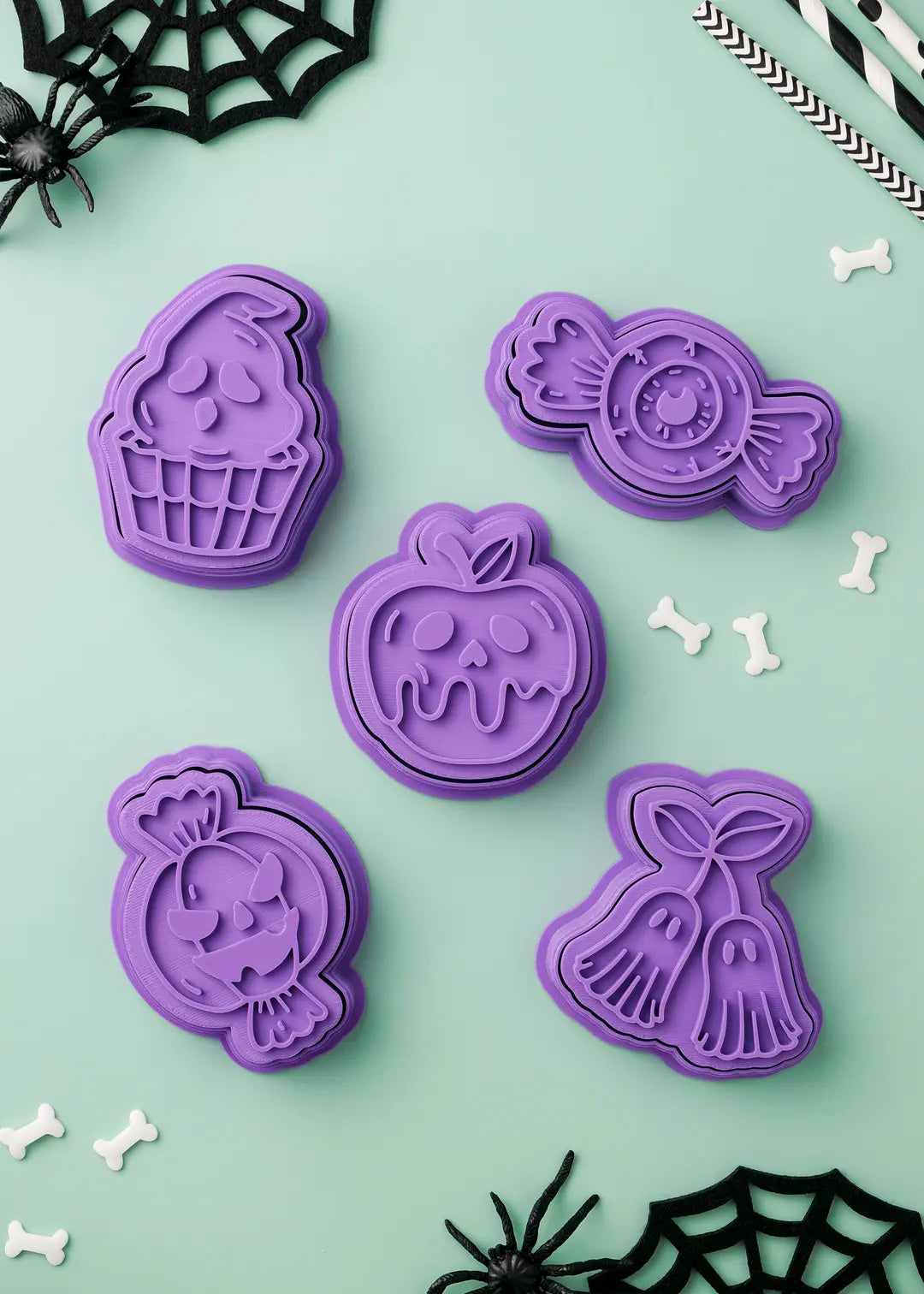 Approx. Size guide: Poison Apple 2.4 x 2.6 in, Ghost Cherries 2.5 x 2.7 in, Eyeball Candy 3.2 x 1.7 in, Pumpkin Candy 2.5 x 2.9 in, Ghost Cupcake 2.1 x 2.8 in