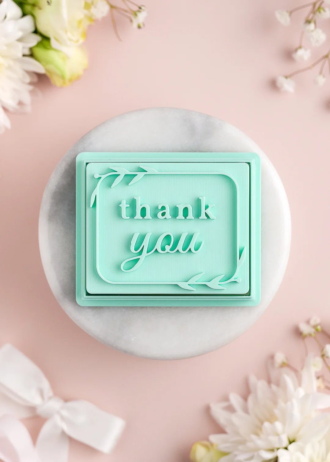 Rectangular cookie stamp with 'Thank you" text. Available in English.
