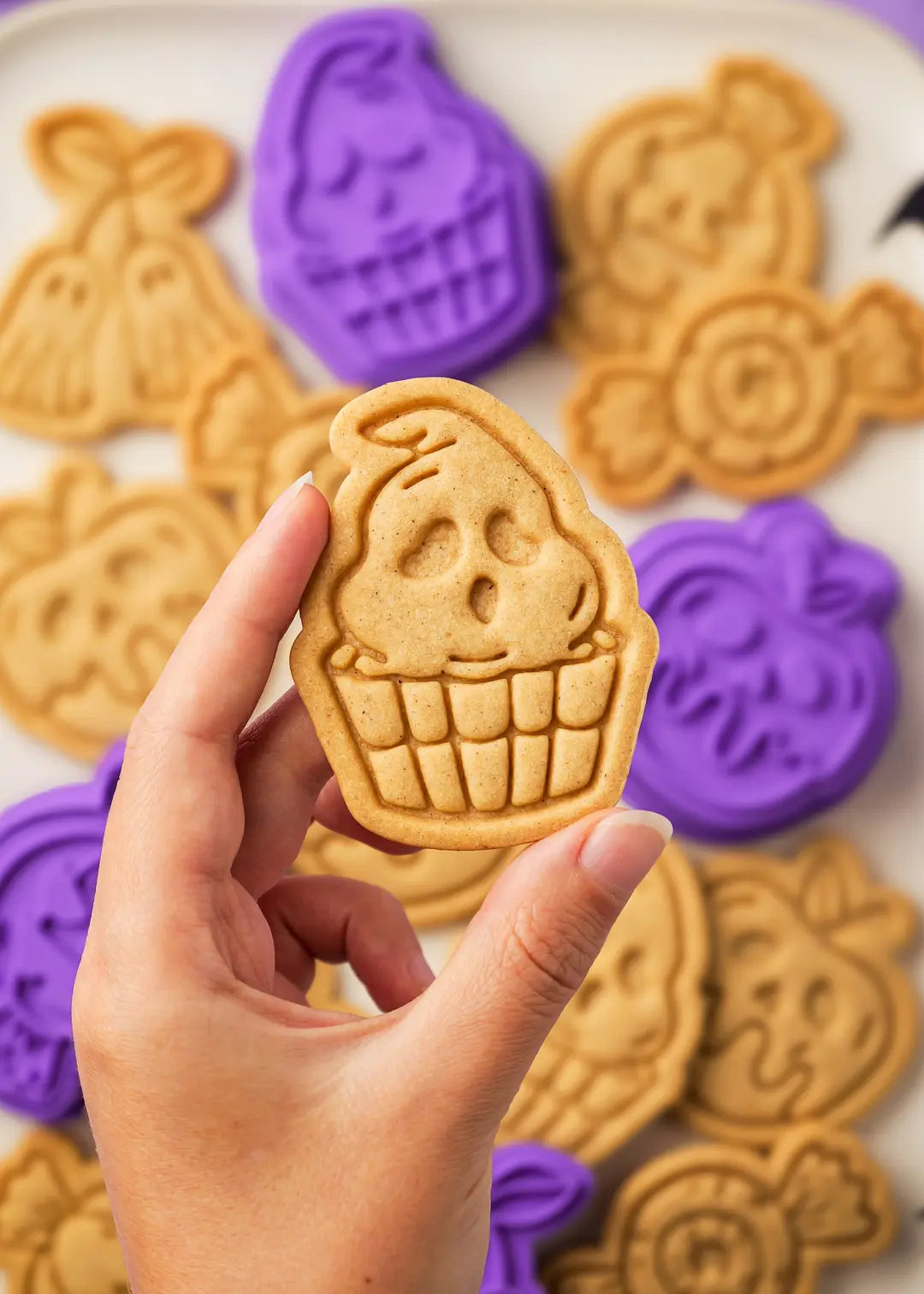 close-up of ghost cupcake cookie, perfect detail, made with the cookie stamp and cutter set