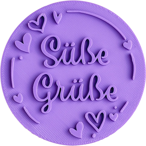 purple cookie stamp saying "Süße Grüße" with little heart designs around it