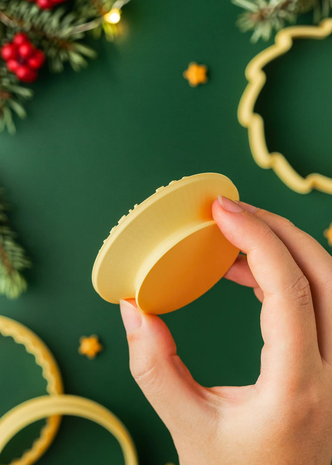 ergonomic design - all cookie stamps are designed with a special handle for a comfortable grip; photo of the cookie stamp shown sideways