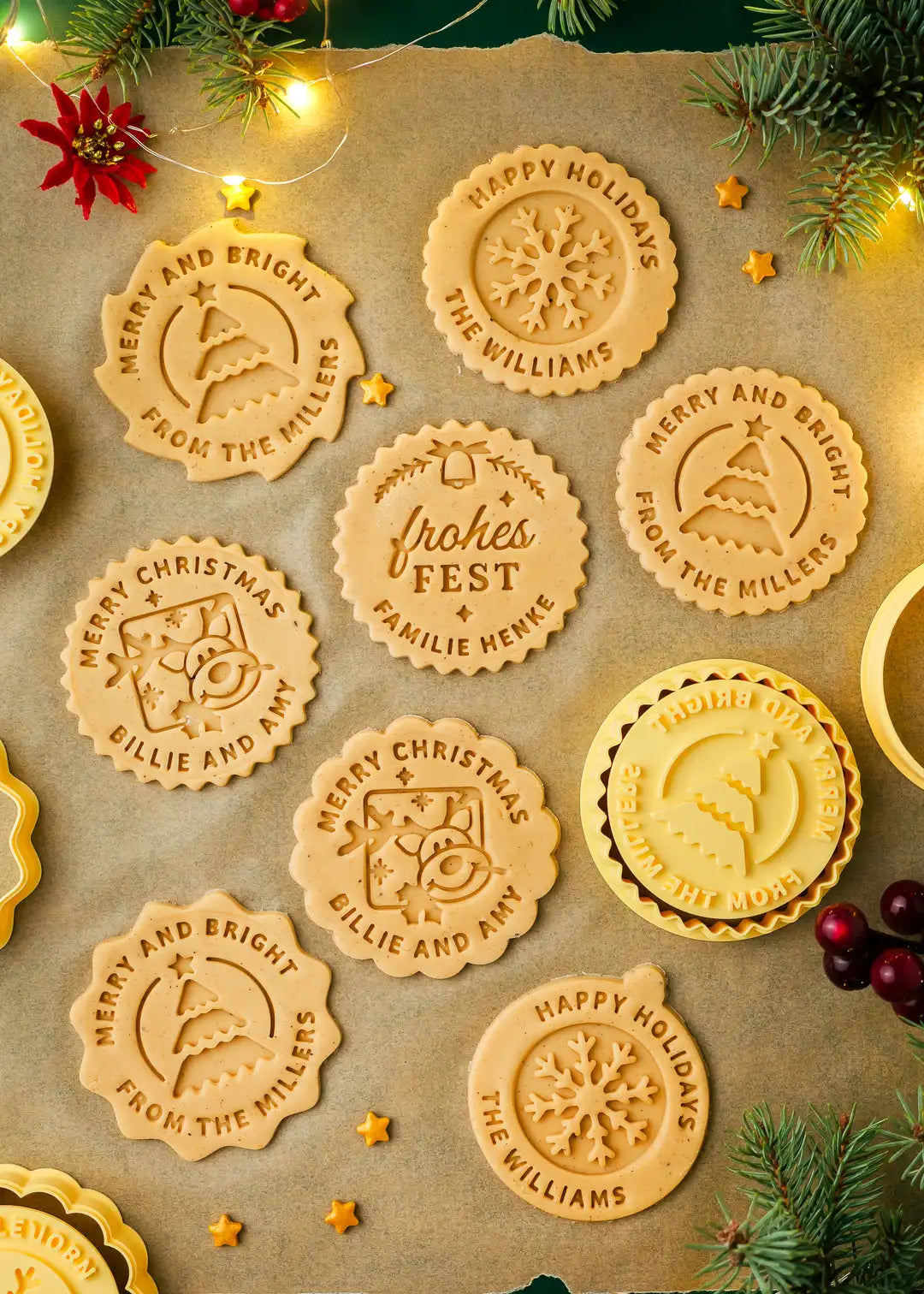 photo of cookies made with the stamp and the other designs from the Christmas collection; bonus - free recipe e-book included to create similar results